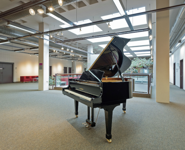 Ein schwarzer Fl��gel steht in einem hellen Raum mit gro?en Deckenfenstern.