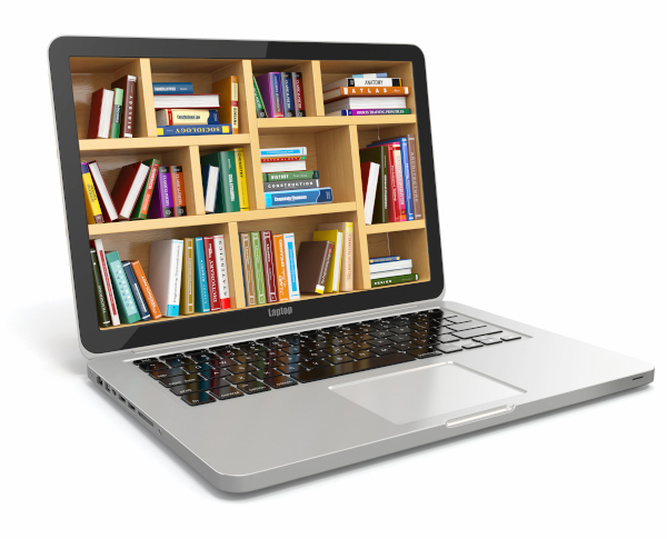 Ein aufgeklappter Laptop. Auf dem Bildschirm ist ein volles B��cherregal zu sehen.