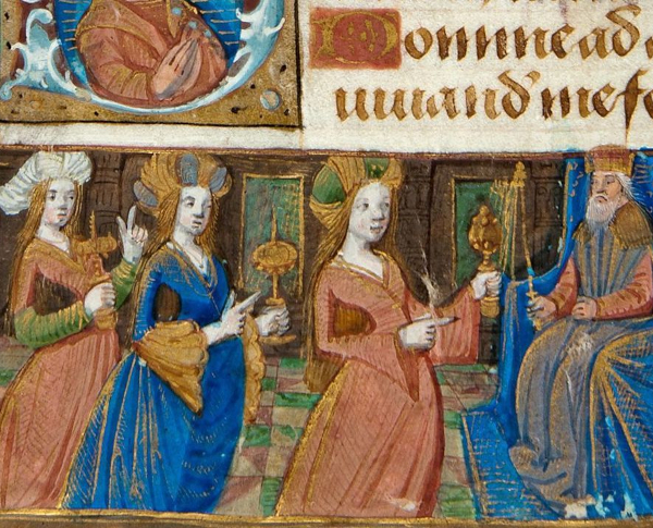 Das Bild zeigt das Digitalisat einer alten Handschrift. Man sieht eine in pr?chtigen Farben gestaltet Szene in der drei Personen einem K?nig, der auf einem Thron sitzt, Gaben bringen.