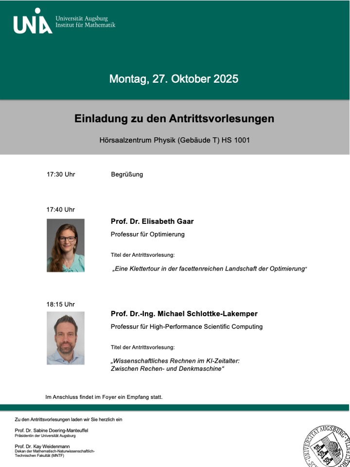 Antrittsvorlesungen am Institut für Mathematik der Universität Augsburg