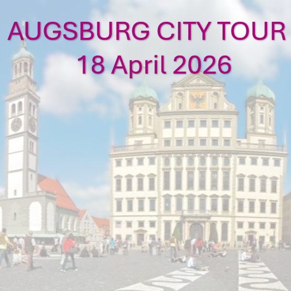Text Augsburg City Tour 18 April 2026 auf Stadtbild-Hintergrund, wo der Augsburger Rathausplatz mit Rathaus und Perlachturm zu sehen ist