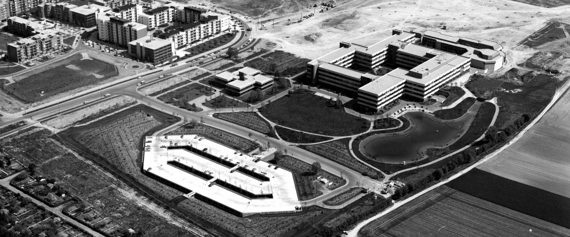 Aerial view on the first buildings, about 1977