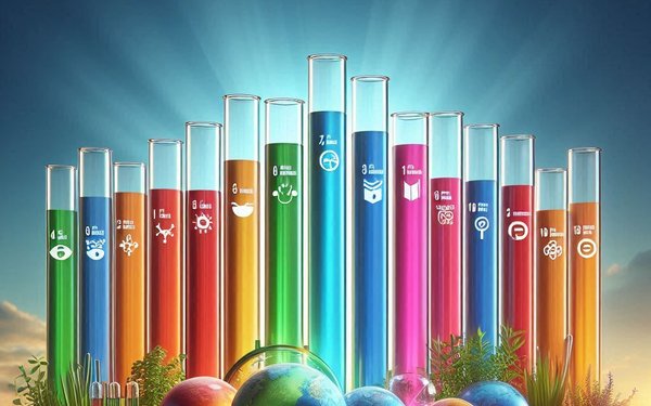 Reagenzgläser in den Farben der Sustainable Development Goals