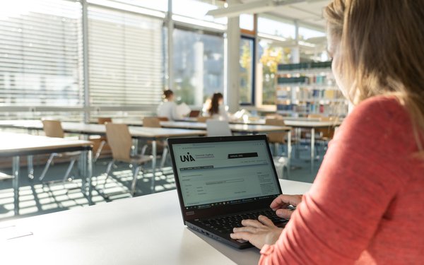Frau sitzt am Arbeitsplatz in der Teilbibliothek Sozialwissenschaften