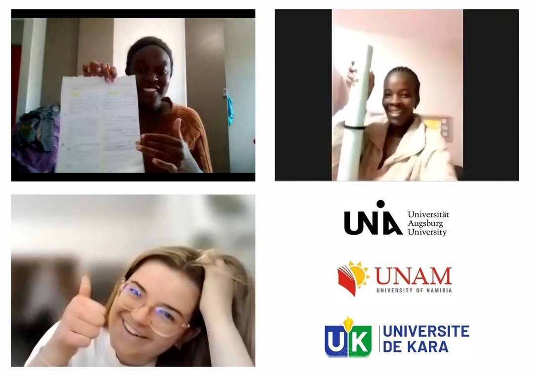 Das Bild zeigt drei Studentinnen in einer Videokonferenz, die in die Kamera lachen. In der vierten Videokonferenz-Kachel werden die Logos der drei beteiligten Universitäten gezeigt.