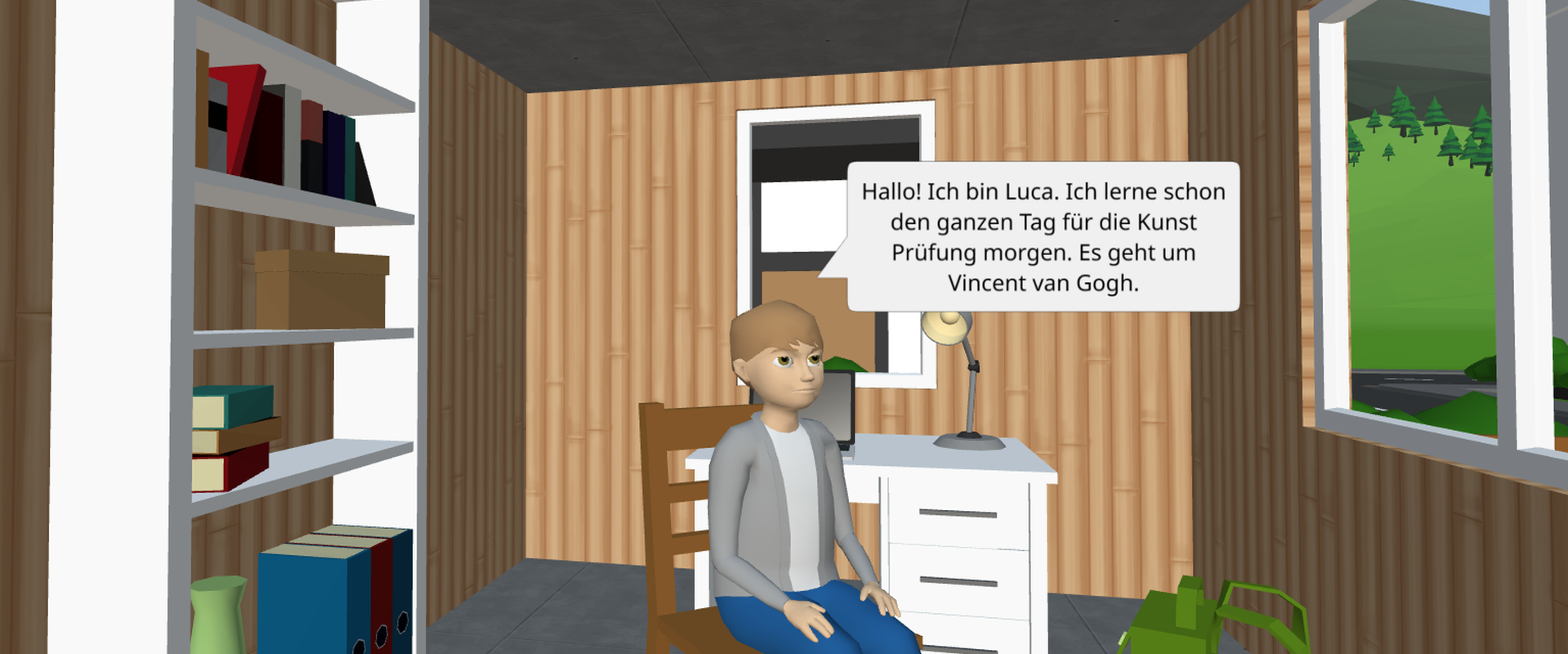 Das bild zeigt einen Prüfling, der auf einem Stuhl in seinem Arbeitszimmer sitzt. Links an der Wand stehen Regale, in der rechten Wand ist ein Fenster mit Blick ins Grüne.
