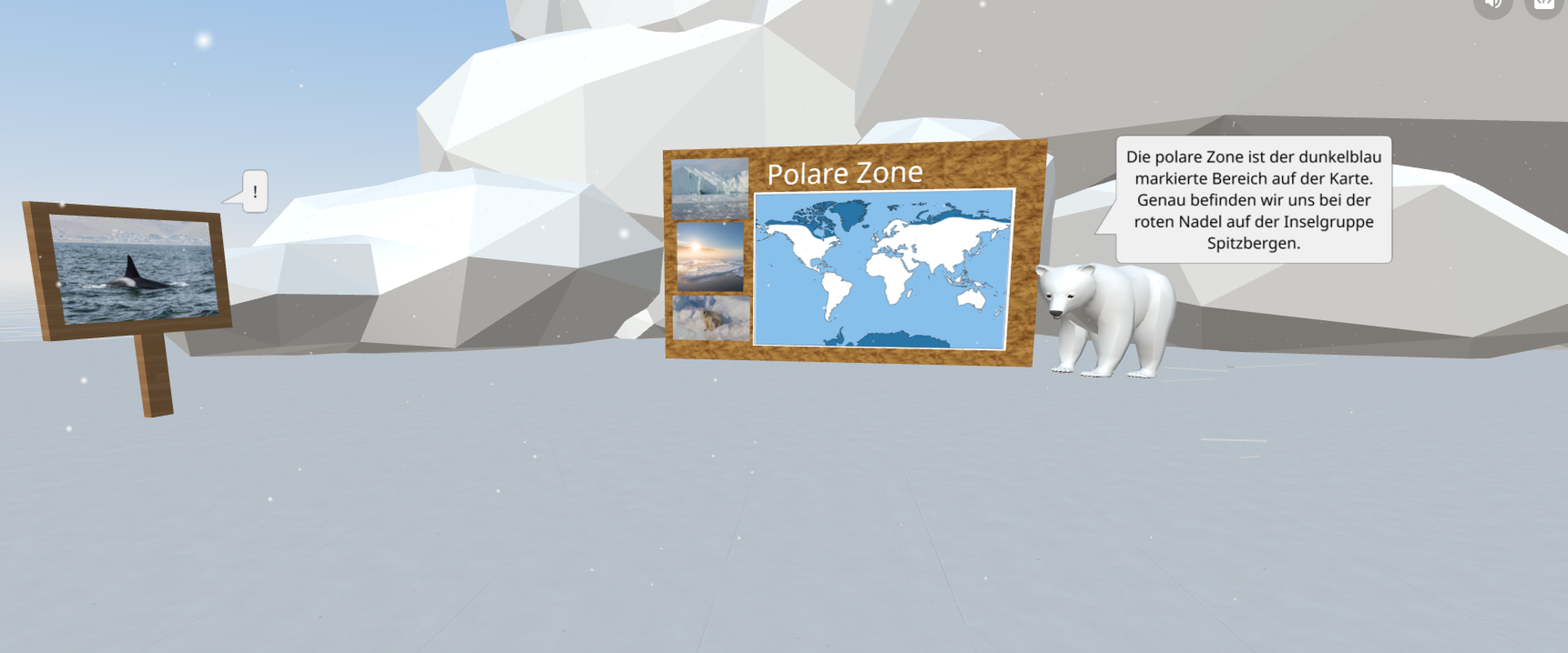 Das Bild zeigt eine Polarlandschaft. in der Mitte ist eine Schuatafel mit einer Erdkarte zu sehen. Rechts daneben steht ein Eisbär. Links im bild ist eine Schautalfel mit dem Bild eines Wals im Meer zu sehen.
