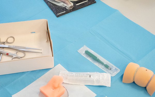 3D Hautmodelle auf einem blauen Untergrund und andere medizinische Werkzeuge