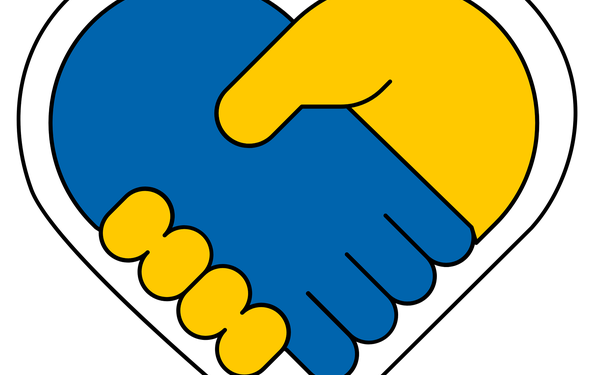 Herzform in der sich eine Hand in gelb und eine in blau die Hand geben