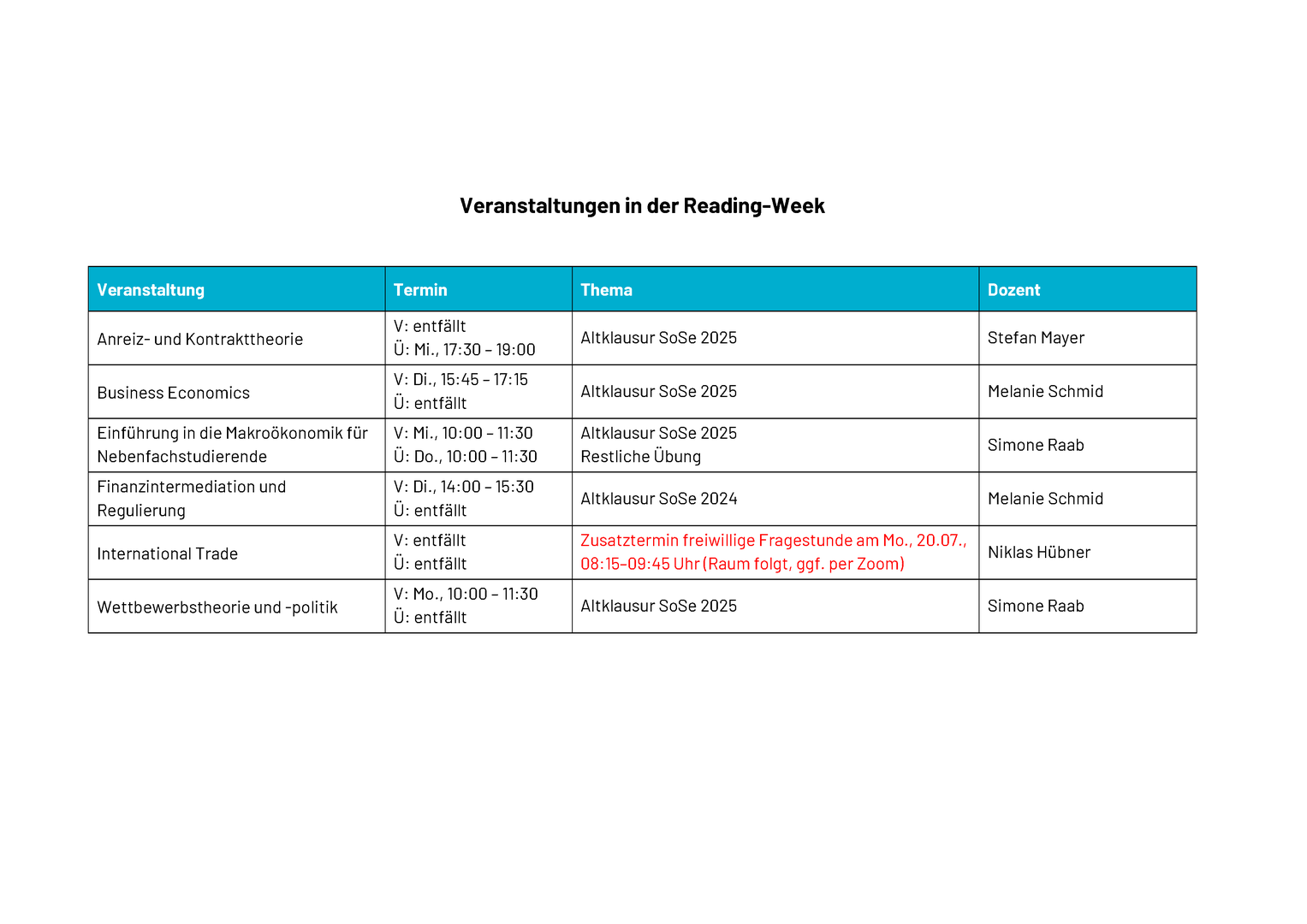 Veranstaltungen in der Reading Week