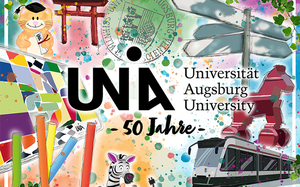 Die Postkarte zeigt unter anderem die "Campuscat" und andere, symbolisch für die Universit?t Augsburg stehende Objekte und die Farben der Fakult?ten.