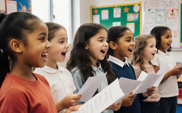 Singende Kinder im Klassenzimmer