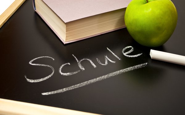 Tafel mit Schriftzug Schule, Buch, Kreide und Apfel