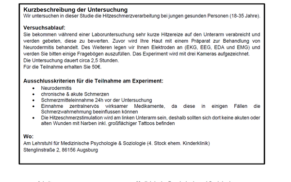 Infos zur  Studie zur Hitzeschmerzverarbeitung