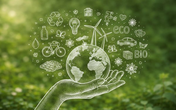 Symbolbild: ?ber einer gezeichneten Hand schwebt eine Weltkugel mit verschiedenen Zeichnungen zum Thema Nachhaltigkeit.