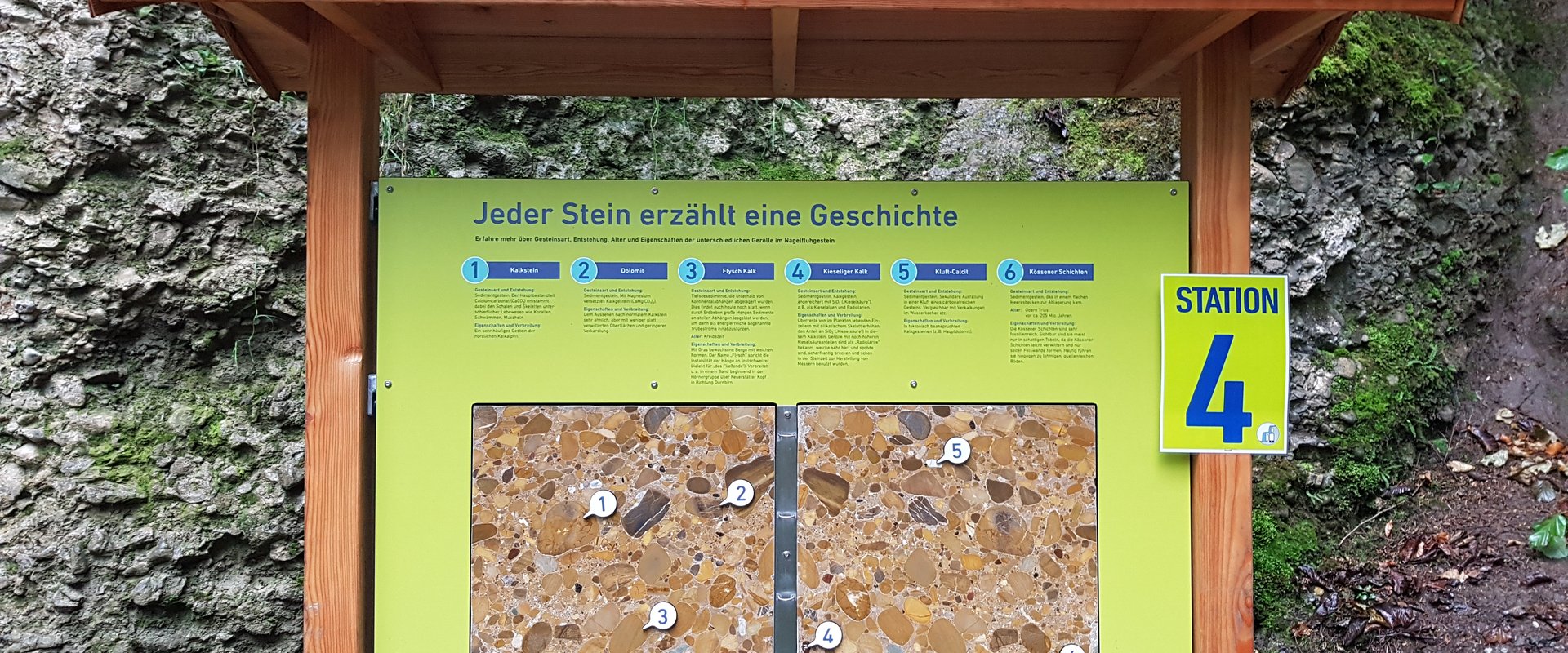Konglomerat Geröll berichtet über seine Entstehung per Schautafel mit Augmented Reality Layer