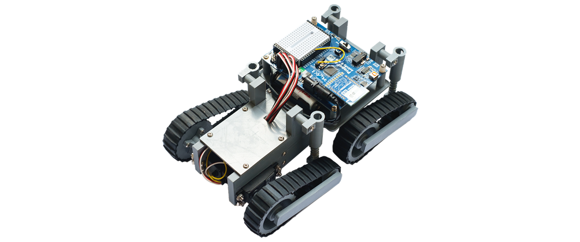 Der Acitvity Bot ist eine auf vier Rädern stehende Konstruktion die unterschiedlichste Hindernisse überwinden kann. Eine Chip Platine liegt auf einem Fahrgestell aus Metall an dem vier raupenförmigen Rädern angebracht sind.