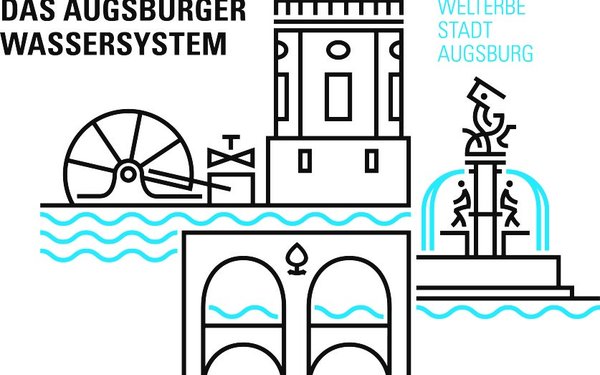 Illustration des historischen Augsburger Wassersystems mit Wasserturm, Wasserrad und Brunnen, erg?nzt durch den Schriftzug ?Das Augsburger Wassersystem C Welterbe Stadt Augsburg.