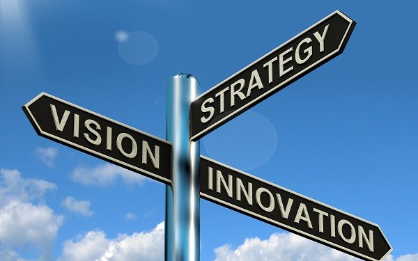 Ein Straßenwegweiser mit drei Schildern namens Vision, Strategy und Innovation