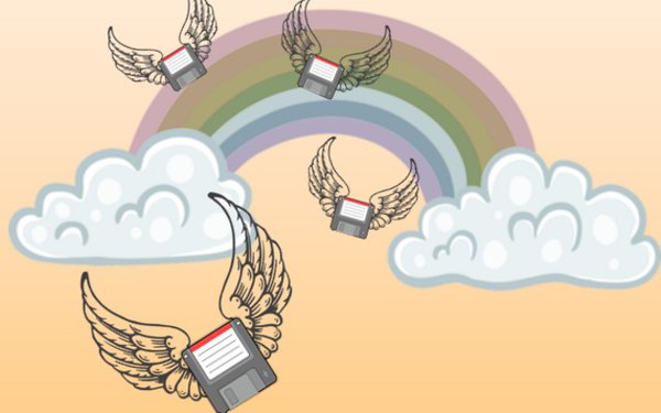 Disketten mit Flügeln fliegen vor einem Regenbogen