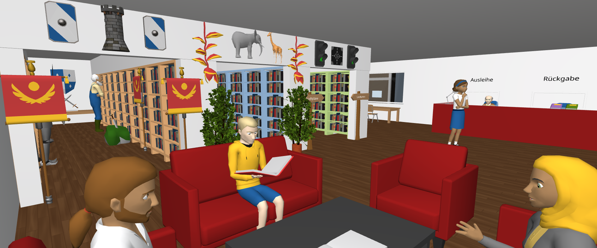Das Bild zeigt einen Bibliotheksraum. Im Hintergrund stehen Regale mit Büchern. Im Vordergrund sitzen Kinder/Jugendliche auf roten Sofas und lesen. Rechts im Hintergrund ist die Ausleihtheke zu sehen.