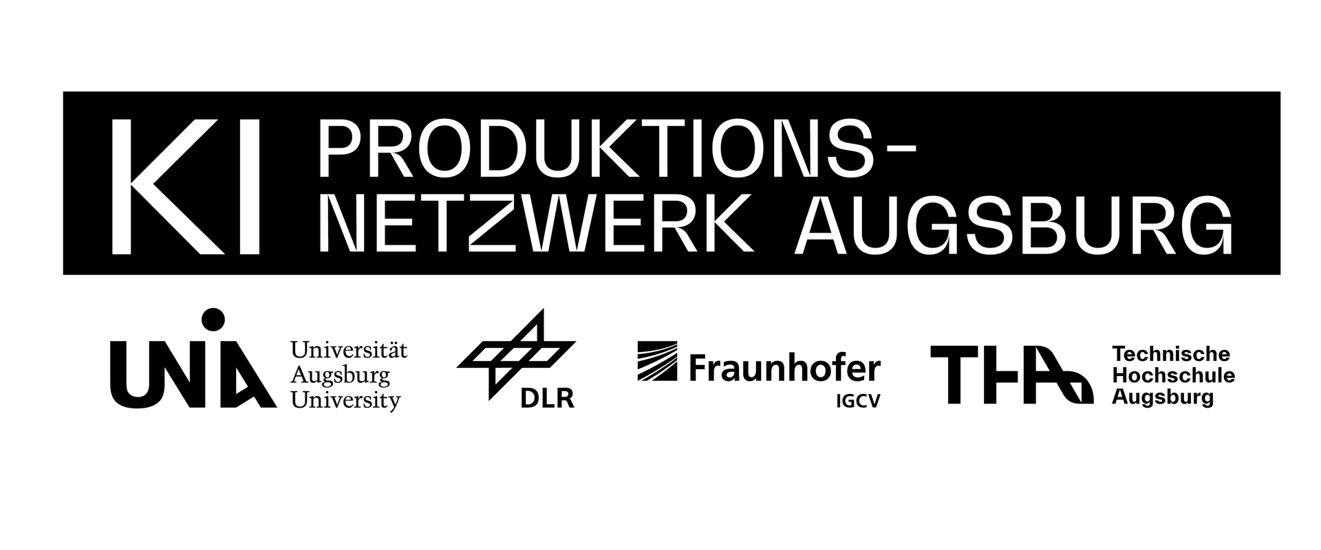 Die Wortmarke zeigt in einem schwarzen Balken das Wort KI-Produktionsnetzwerk, wobei das KI sehr groß dargestellt ist. Darunter sind die Logos der vier Partner Universität Augsburg, DLR ZLP Augsburg, Fraunhofer IGCV und der Hochschule Augsburg.