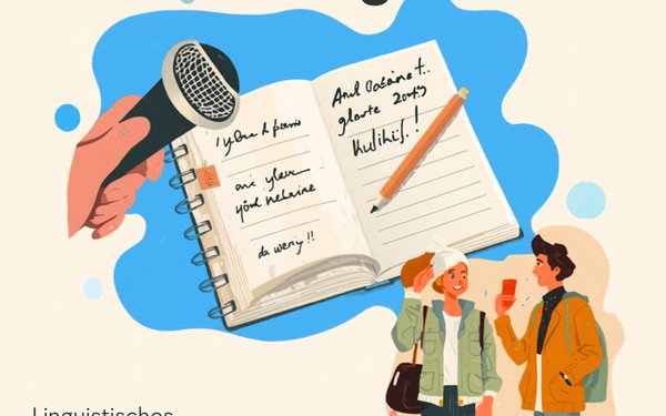 Plakat: ?Vorstellung von studentischen Projekten zum Dialektgebrauch��, linguistisches Kolloquium am 28. April, 17:30 Uhr, Raum D-1005; Illustration mit Mikrofon, Notizbuch und zwei sprechenden Studierenden; alle Interessierten eingeladen.