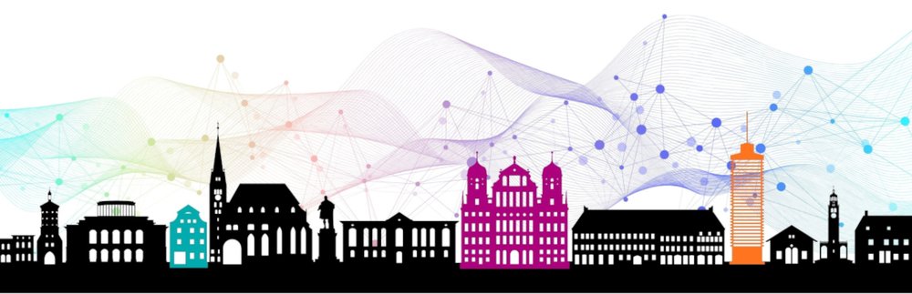Symbolbild: Die Silhouette der Stadt Augsburg in schwarz mit kleinen farblichen Highlights überlagert von graphischen Linien.