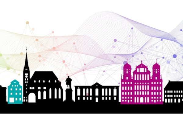 Symbolbild: Die Silhouette der Stadt Augsburg in schwarz mit kleinen farblichen Highlights überlagert von graphischen Linien.