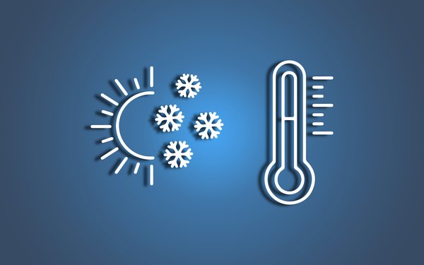 Weiße Zeichnung vor dunkelblauem Hintergrund: links eine grafisch dargestellte halbe Sonne, daneben Eiskristalle. Rechts ein grafisch dargestelltes Thermometer