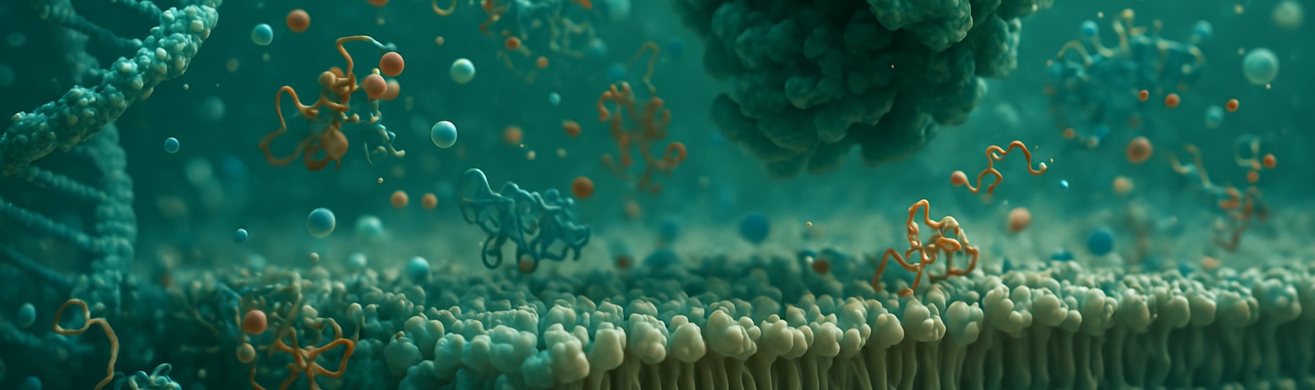 AI generated view of Biomolcules: Membrane, DNA, Proteins, Ions.