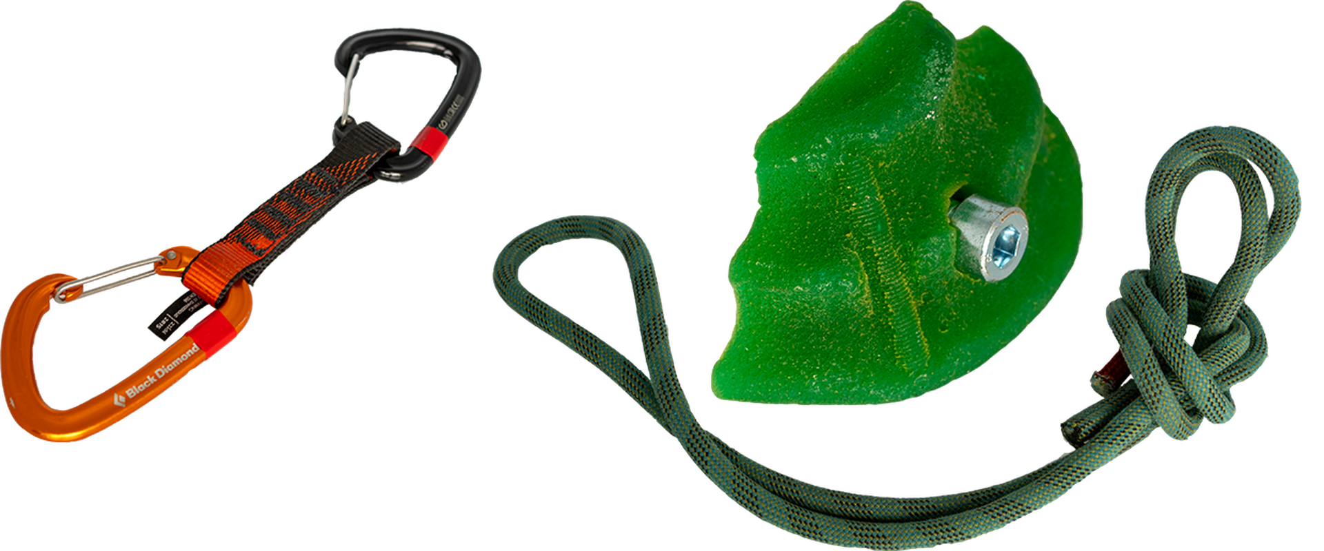 Für das Kletter braucht man einen Karabiner, künstliche Griffe und ein Seil.