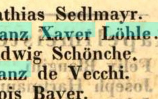 Franz Xaver Löhle auf einer Besetzungsliste der Königlichen Hofkapelle (1835, Ausschnitt)