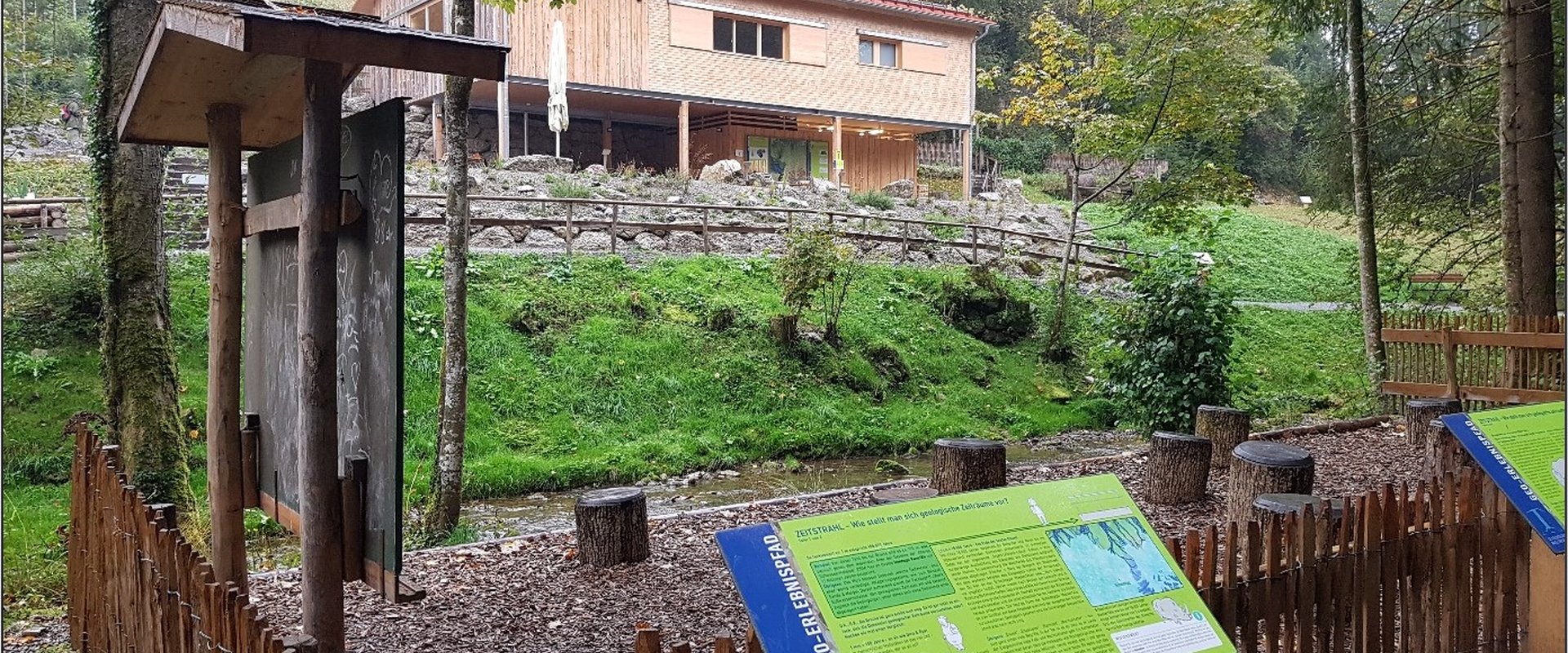 Klassenzimmer im Freien (im Hintergrund: Betriebsgebäude mit Seminarraum, Kiosk, Toiletten)