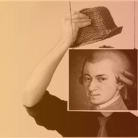 Fotocollage: Mann gr��?t mit Hut, davor ein Bild von Mozart anstatt des Kopfes