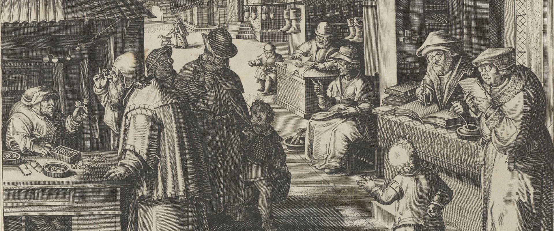 Kupferstich von Jan Collaert I, auf dem eine Marktszene abgebildet ist, auf der mehrere Personen Brillen herstellen beziehungsweise kaufen. Das Stich ist Teil der von Johann Stradanus konzipierten Serie "Nova Reperta"