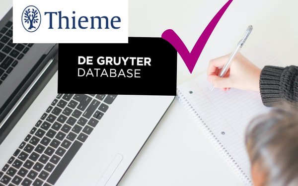 Stockfoto mit Notbook und Logos von De Gruyter und Thieme