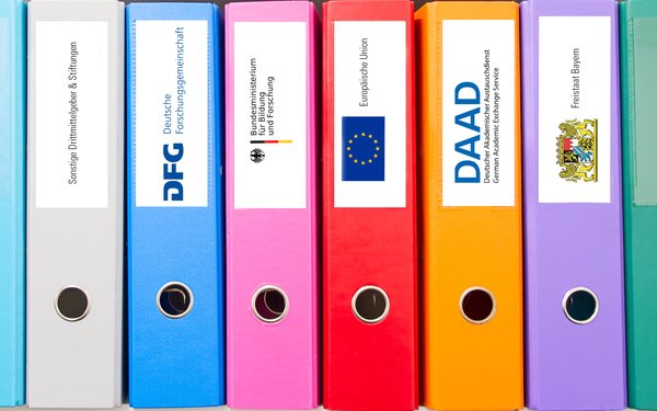 Reihe von mehreren, farbigen Ordnen mit Etiketten, die verschiedene Fördermittelgeber wie DFG, EU, DAAD zeigen.