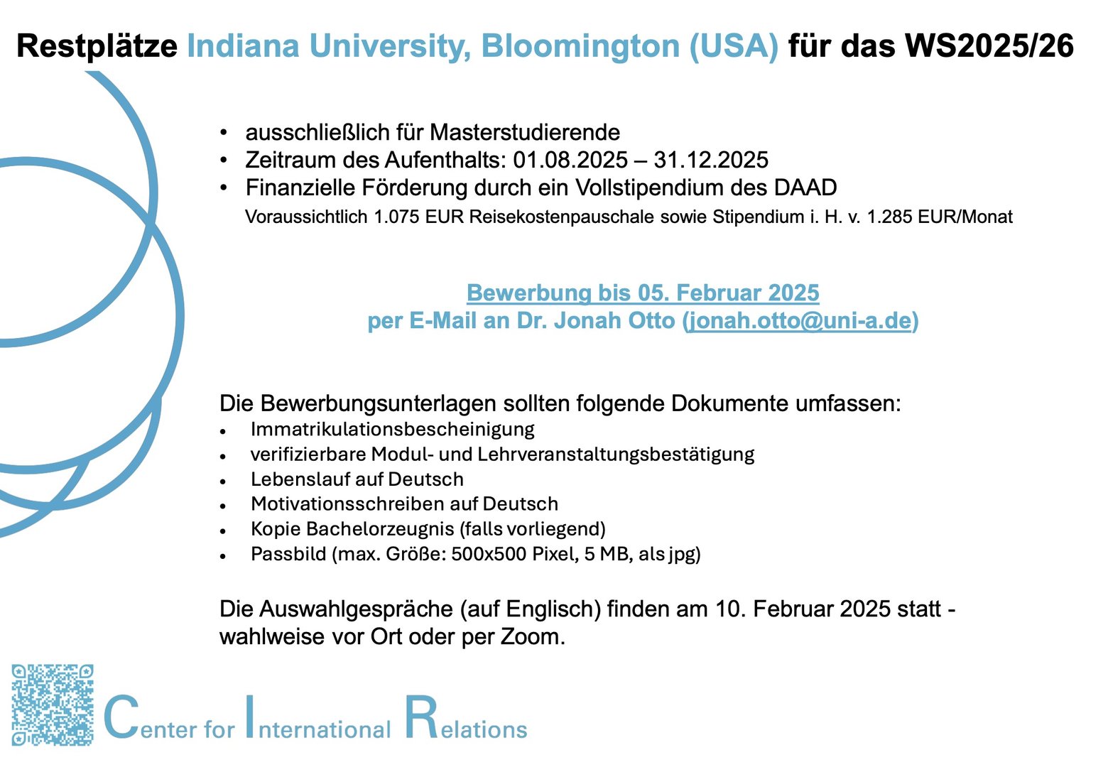 Restplätze Indiana University (Bloomington) für das WiSe 25/26