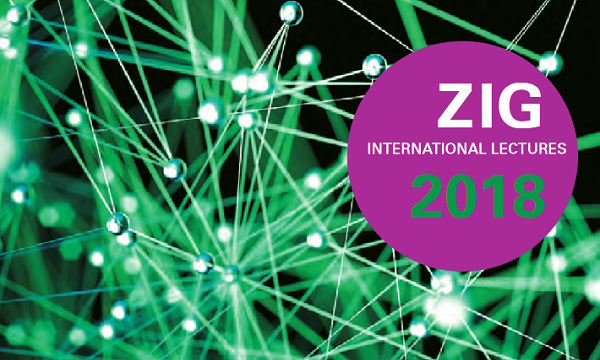 Im Hintergrund ist ein grünes Netz mit Tropfen abgebildet. Im Vorderund ist ein lila Punkt plaziert. Darauf steht ZIG International Lectures 2018.