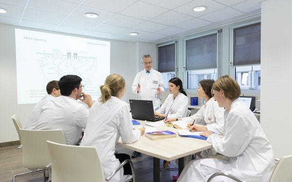 Foto von Medizinstudierenden im Gespräch mit einem Arzt
