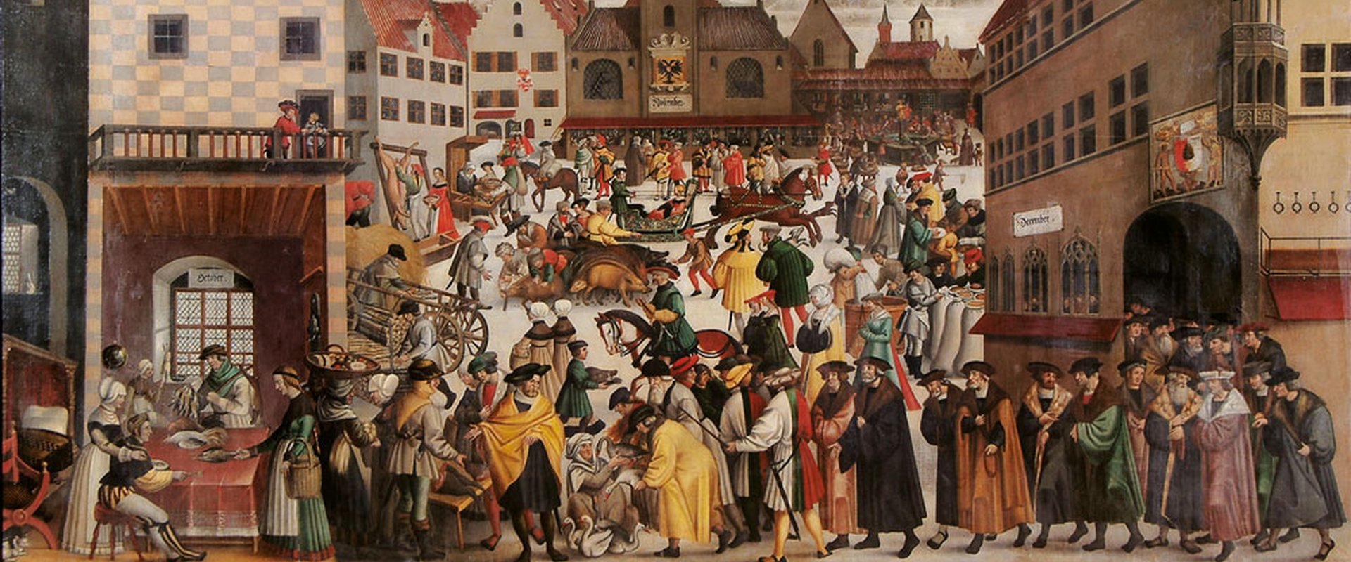 Stadtansicht Augsburg um 1550, Blick auf Perlachturm im Hintergrund, im Vordergrund simultane Darstellung jahreszeitentypischen Markttreibens im Vordergrund