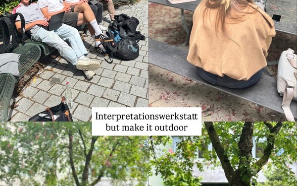 Interpretationswerkstatt an der Universit?t im Innenhof des D-Geb?udes. Studierende sitzen an Tischen und arbeiten an ihren Laptops.