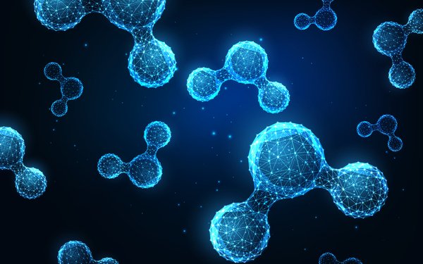 Darstellung von Molek��lstrukturen auf dunklem Hintergrund.