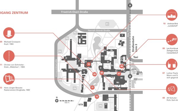 Auf dem Bild sieht man den Lageplan des Campus mit dem Rundgang Zentrum