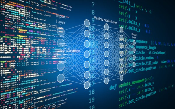 Abstrakte Bildmontage zeigt Programmiercode, Netzwerkknoten etc.