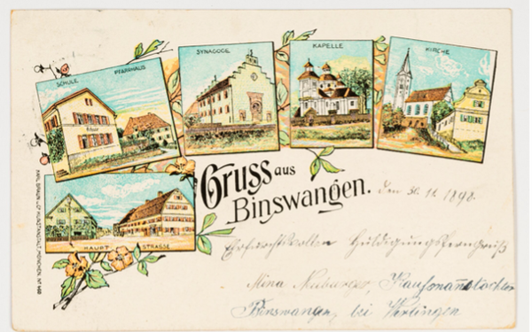 Alte, vergilbte Postkarte mit Zeichnungen von Gebäuden, dem Schriftzug "Gruss aus Binswangen" und alten, handschriftlichen Notizen