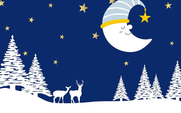 Sternenhimmel, Mond mit Schlafmtze und eine Schneelandschaft