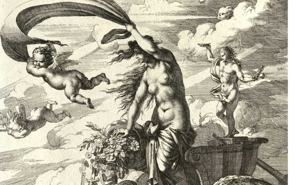 Ein Kunstwerk in schwarz-wei?: Fortuna mit einem wehenden Tuch und mehreren anderen Figuren. Im Hintergrund Wolken.