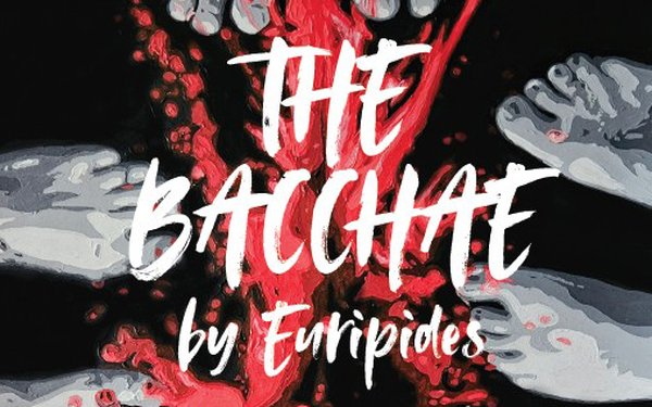 Poster für die Theateraufführung des AnglistenTheaters. Auf schwarzem Grund sind an jeder Seite des Bildes ein Paar graue Barfüße zu sehen. In der Mitte des Bildes steht in weiß "The Bacchae by Euripides".